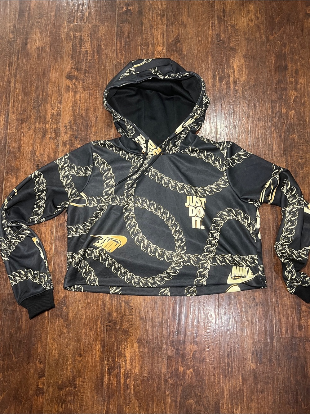 Nike Black Cropped Hoodie with Gold Chain Print Women’s Med original price $70